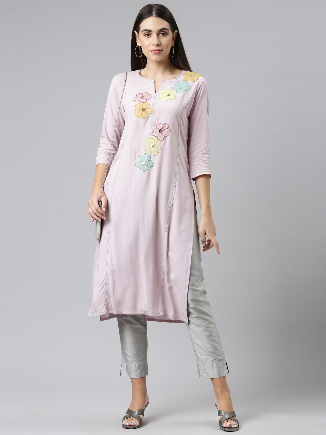 Neerus Pink embroidered floral kurti - detail view 2