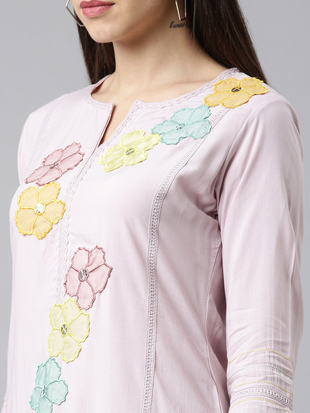 Neerus Pink embroidered floral kurti - detail view 1