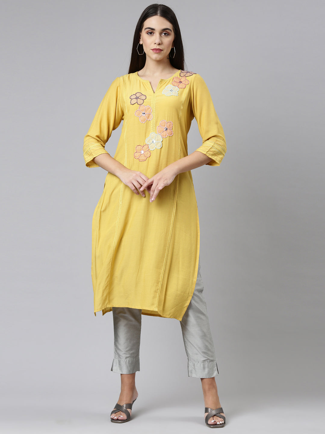 Neerus Yellow printed floral kurti - front view
