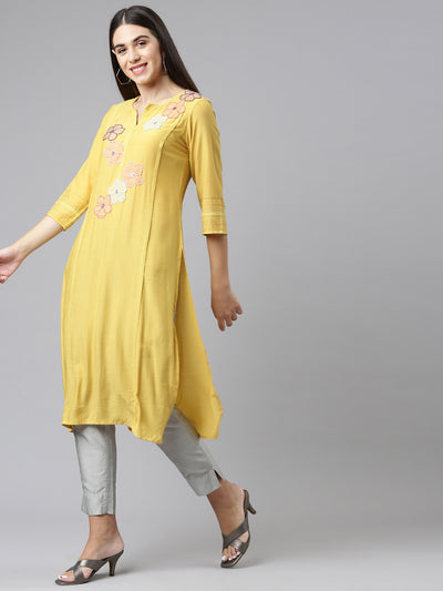 Neerus Women Yellow Floral Printed Patchwork Floral Kurta