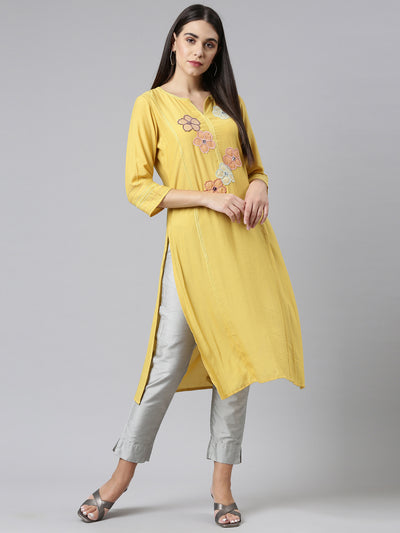 Neerus Women Yellow Floral Printed Patchwork Floral Kurta