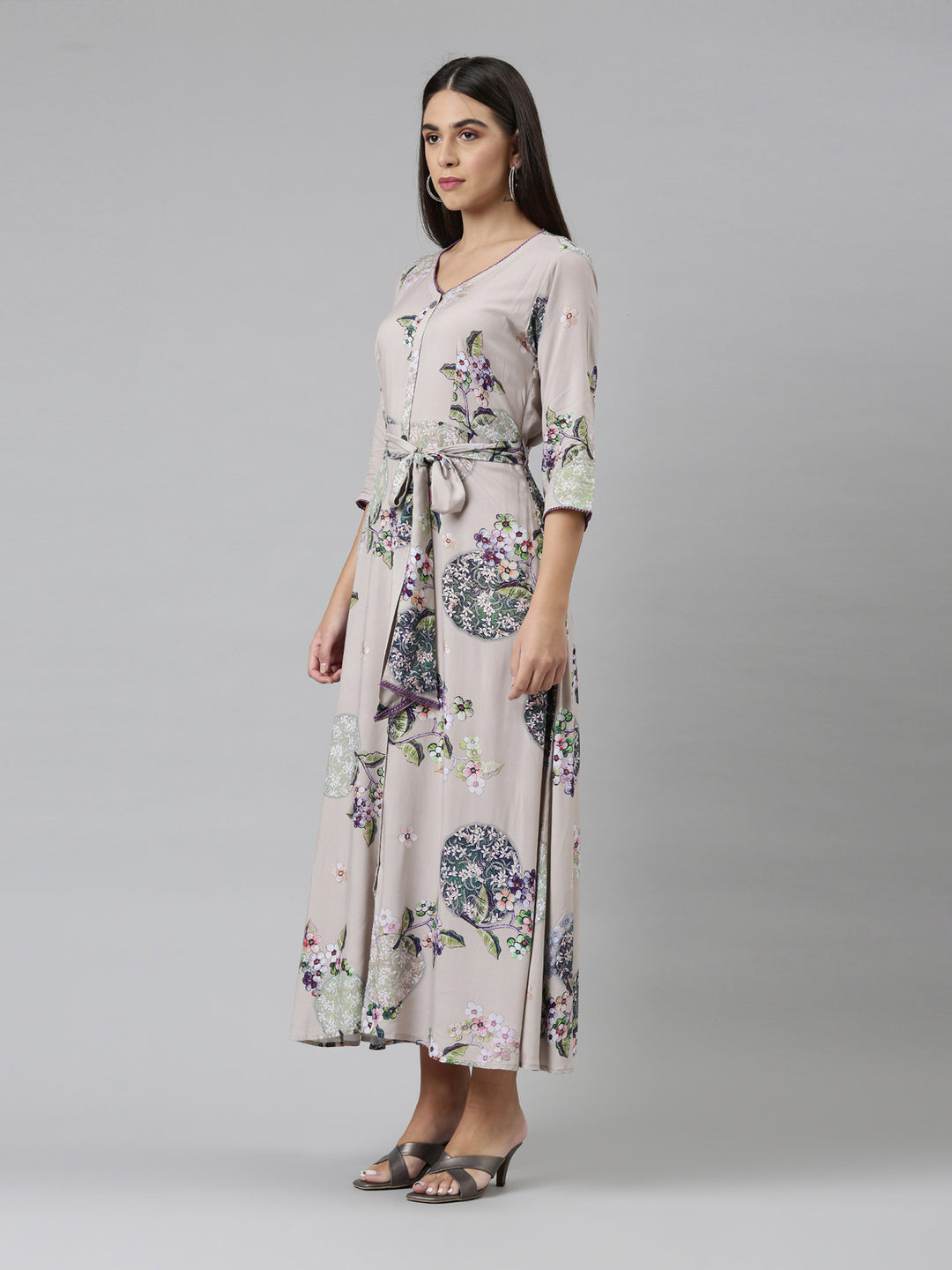 Neerus Women Grey Floral Ethnic Maxi Dress