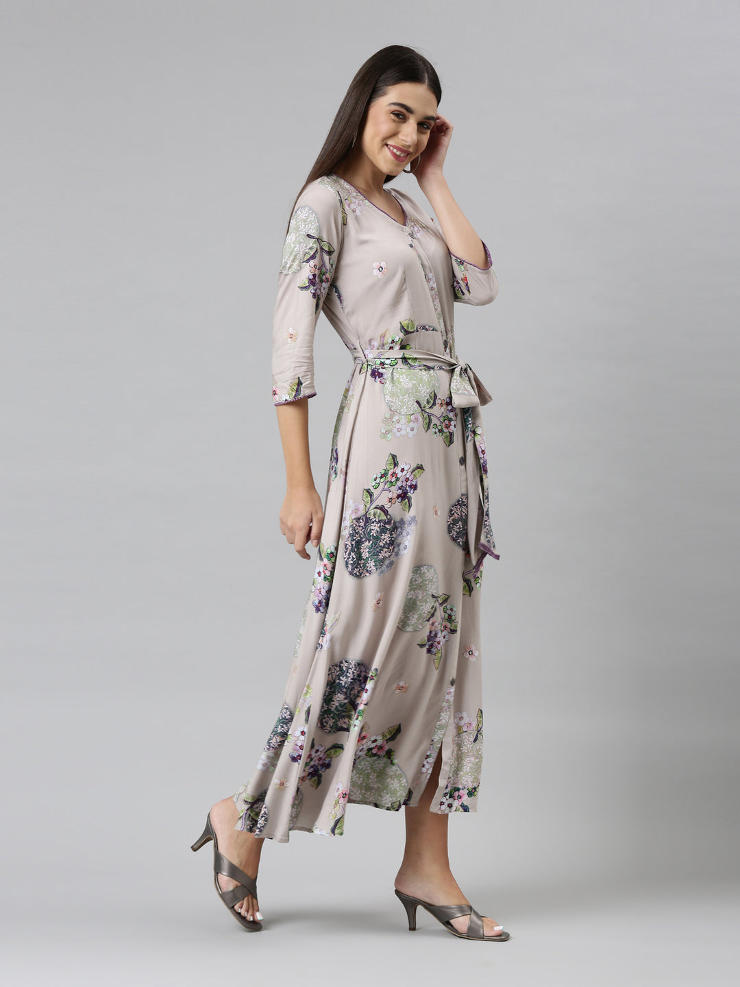 Neerus Women Grey Floral Ethnic Maxi Dress