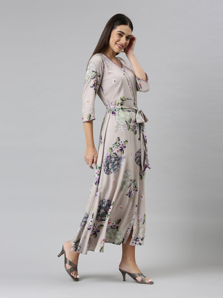 Neerus Women Grey Floral Ethnic Maxi Dress