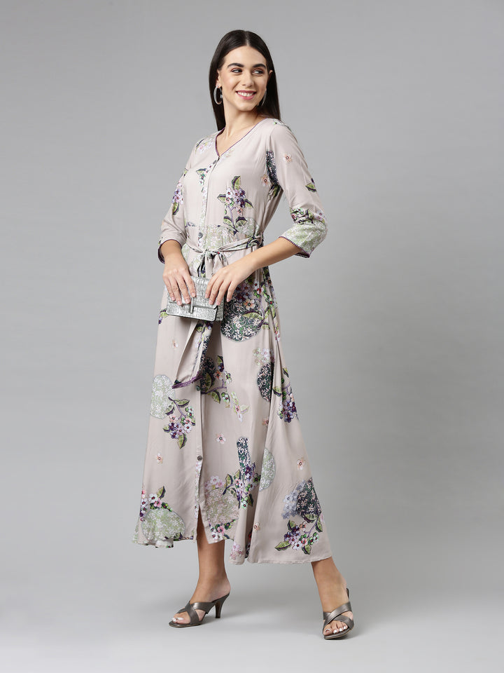 Neerus Women Grey Floral Ethnic Maxi Dress
