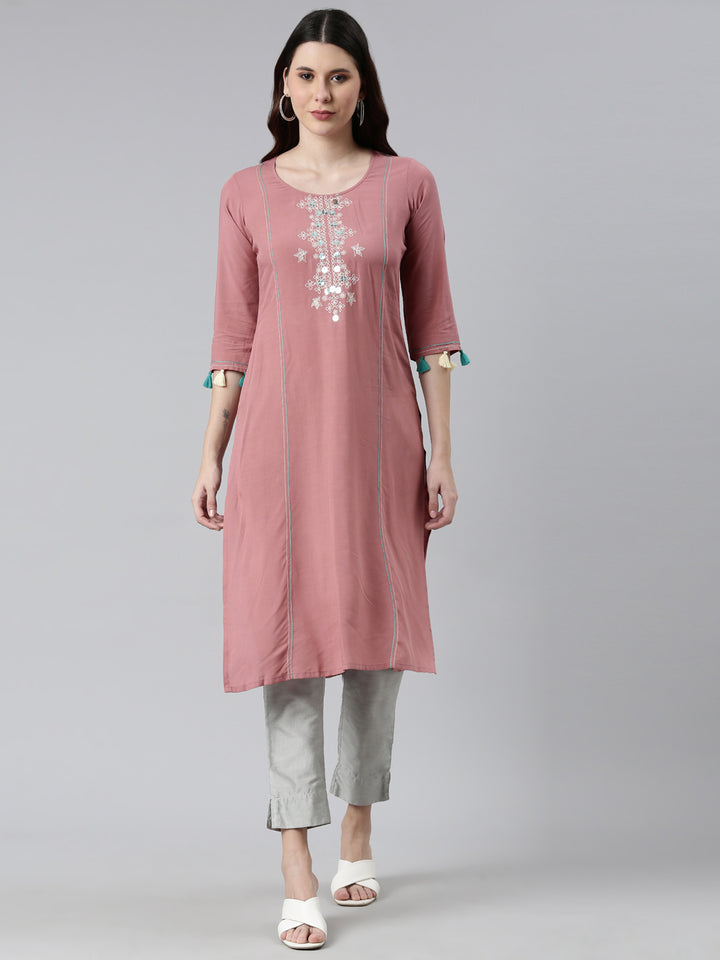 Neerus Pink rayon straight kurti - front view
