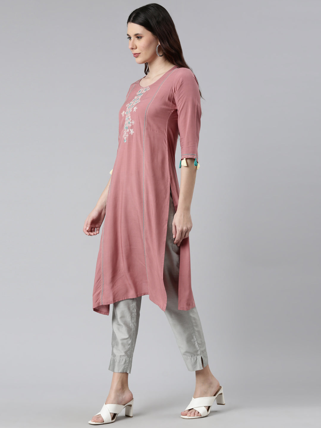 Neerus Pink rayon straight kurti - back view