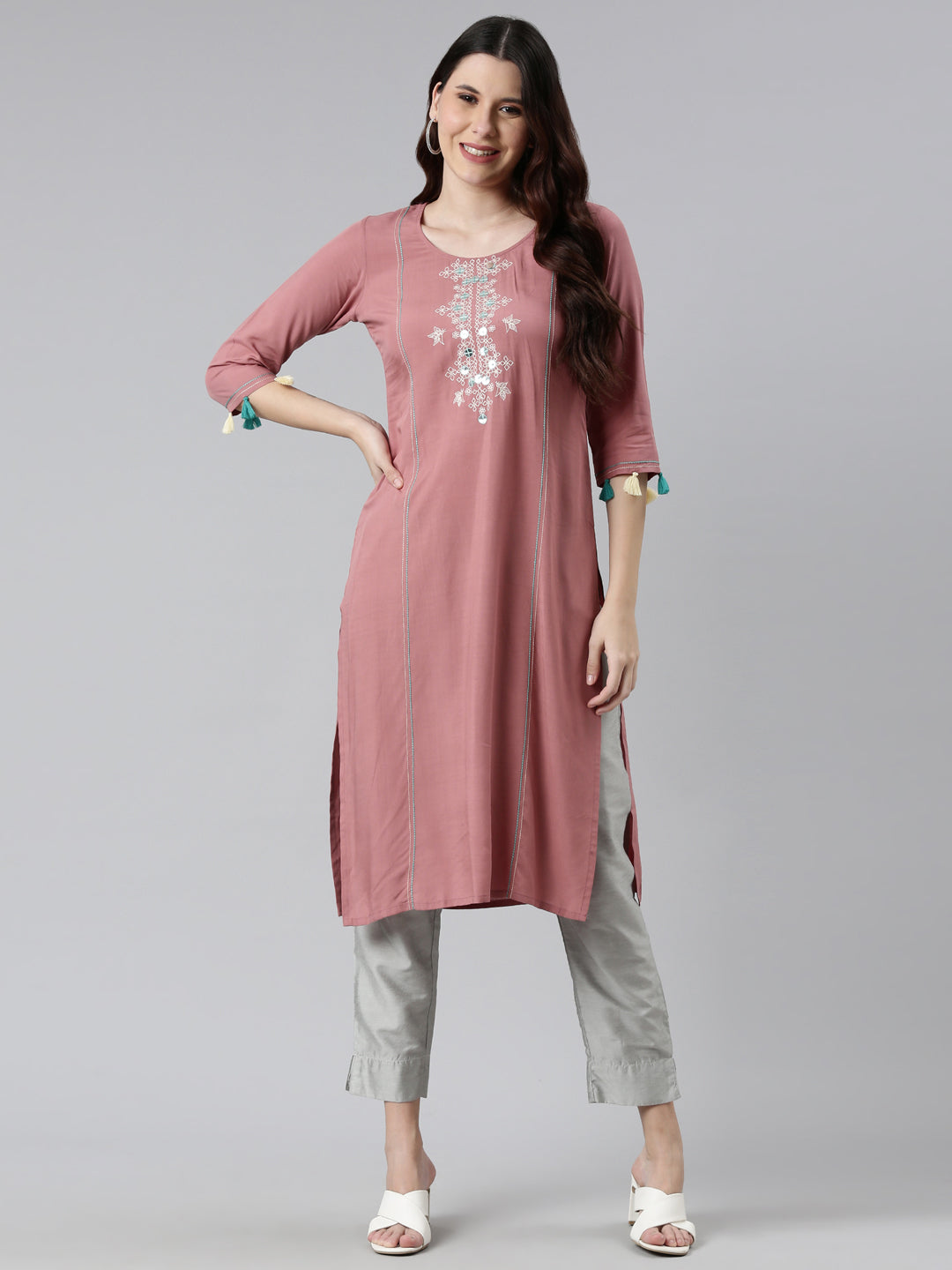 Neerus Pink rayon straight kurti - detail view 2