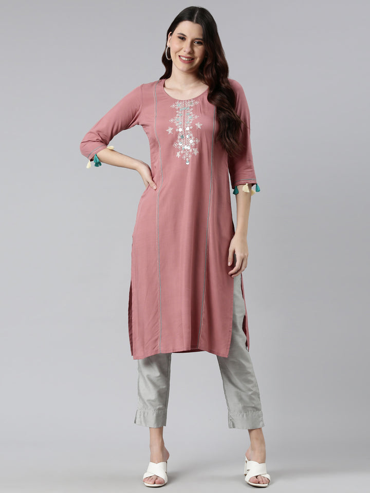 Neerus Pink rayon straight kurti - detail view 2