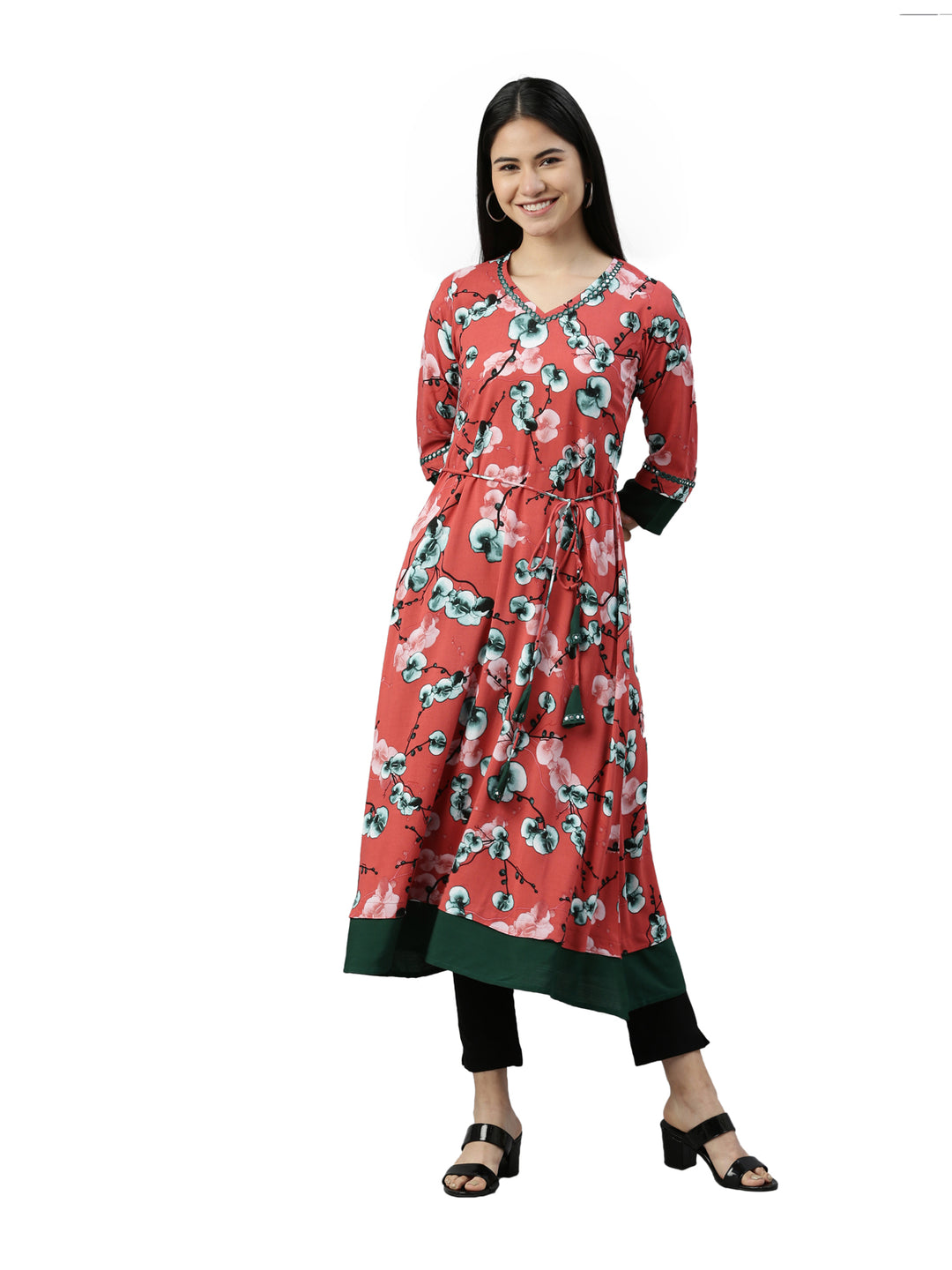 Neerus Orange printed anarkali kurta floral - front view