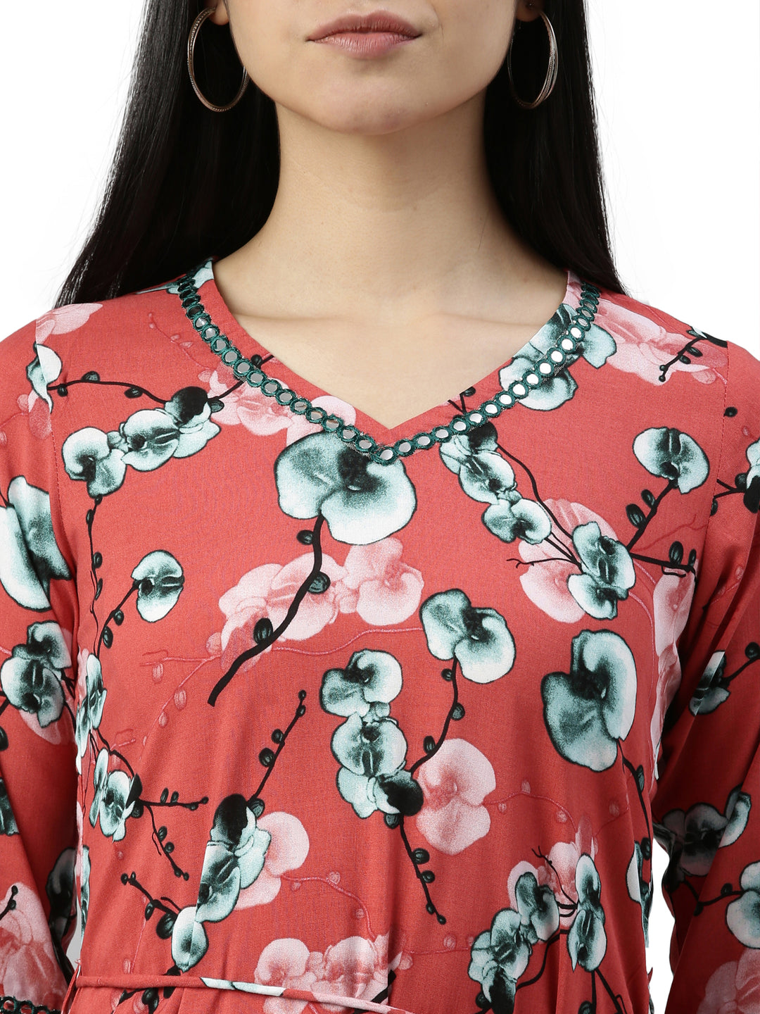 Neerus Orange printed anarkali kurta floral - detail view 1