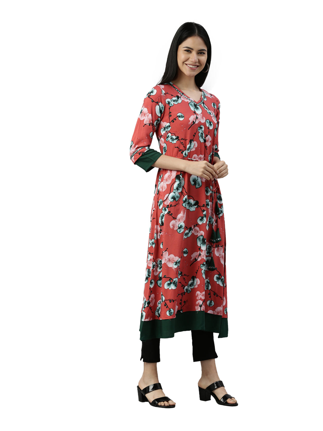 Neerus Orange printed anarkali kurta floral - back view