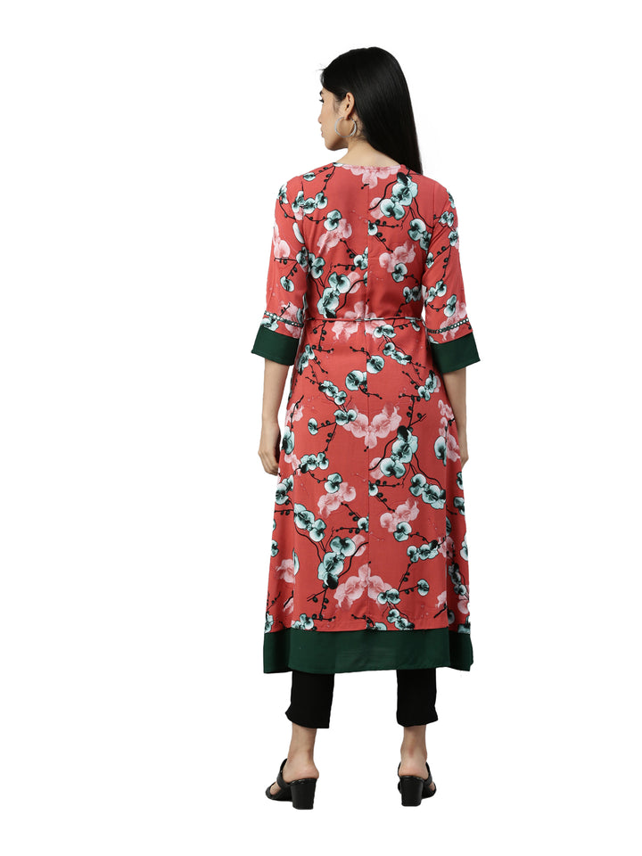 Neerus Orange printed anarkali kurta floral - side view