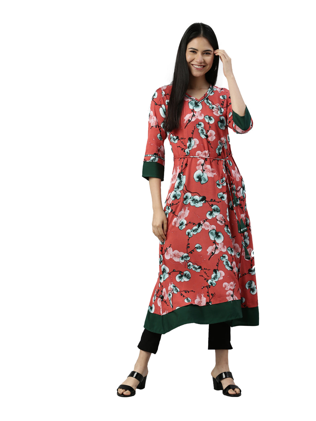 Neerus Orange printed anarkali kurta floral - detail view 2