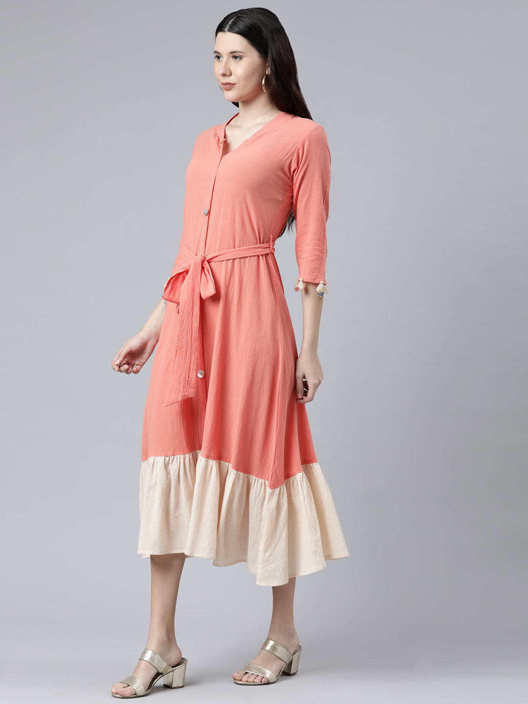 Neerus Peach Color Chiffon Fabric Dress