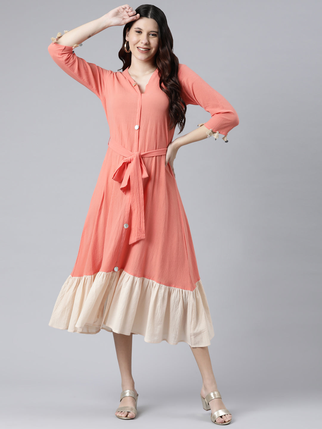 Neerus Peach Color Chiffon Fabric Dress