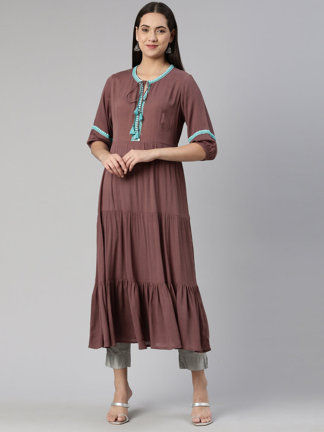 Neerus Rayon printed tiered kurti with keyhole neck - front view