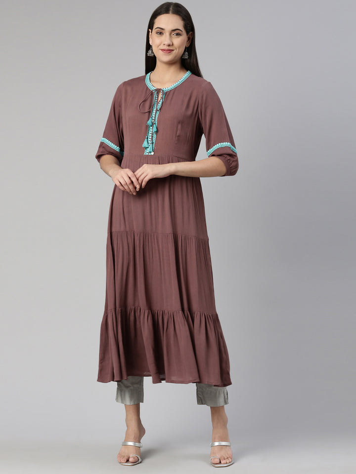 Neerus Rayon printed tiered kurti with keyhole neck - front view