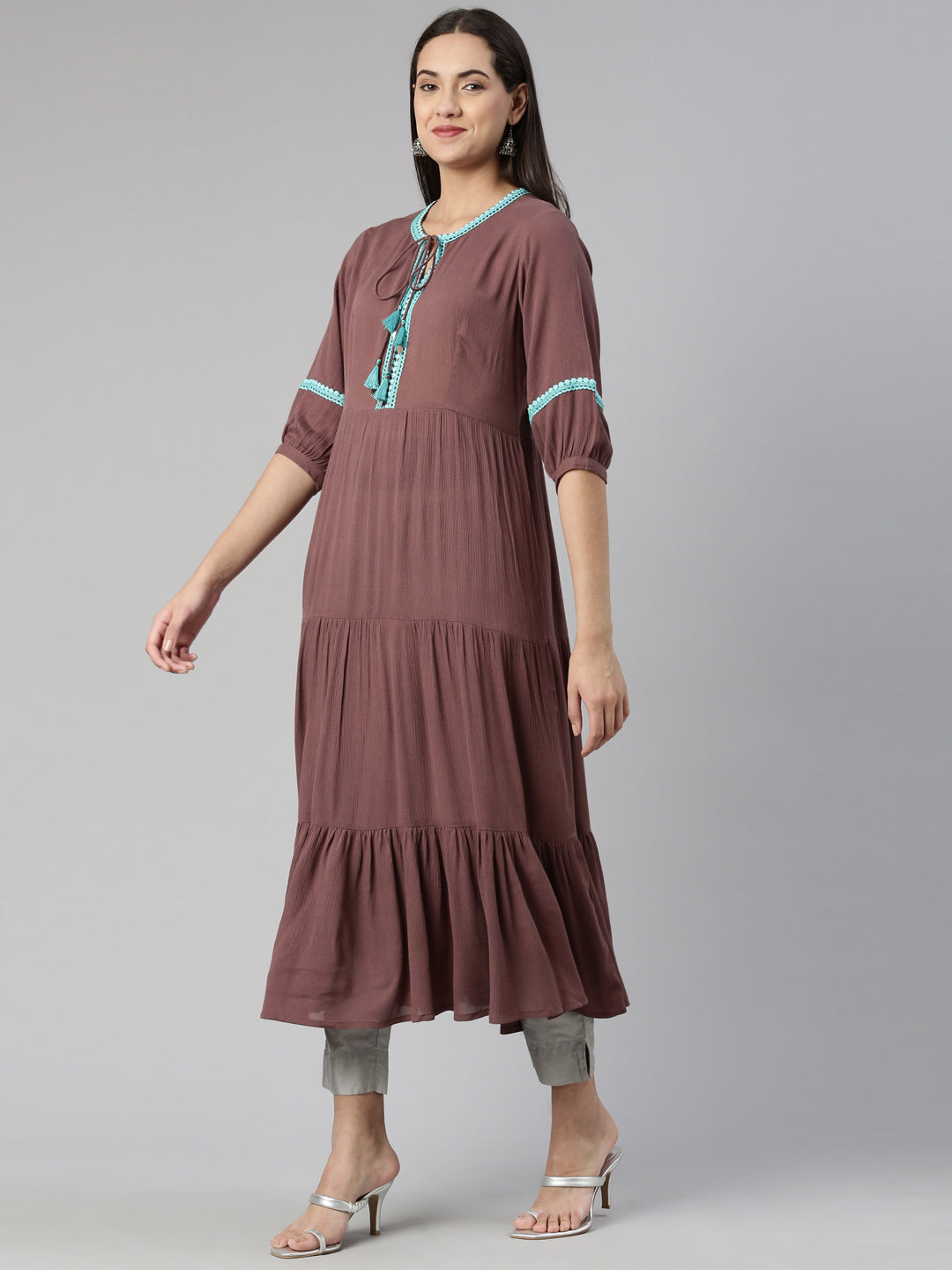 Neerus Rayon printed tiered kurti with keyhole neck - back view