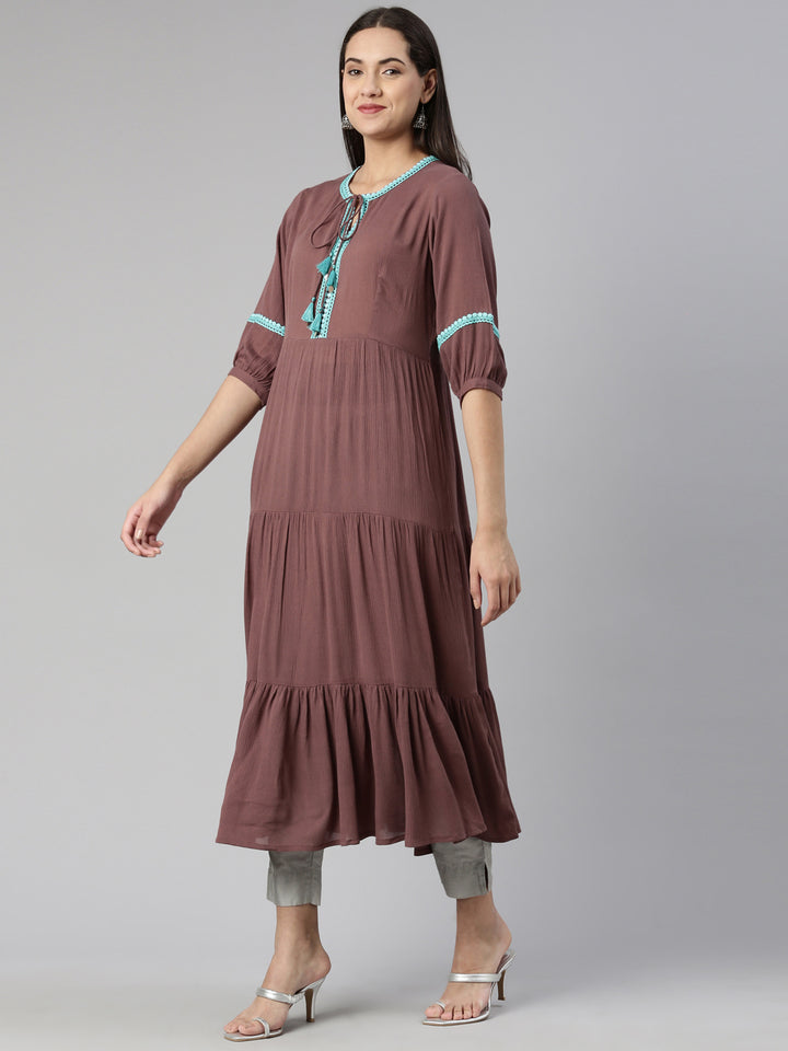 Neerus Rayon printed tiered kurti with keyhole neck - back view