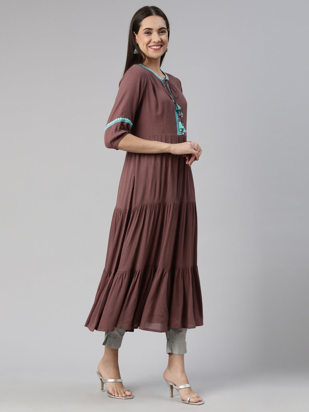 Neerus Rayon printed tiered kurti with keyhole neck - side view