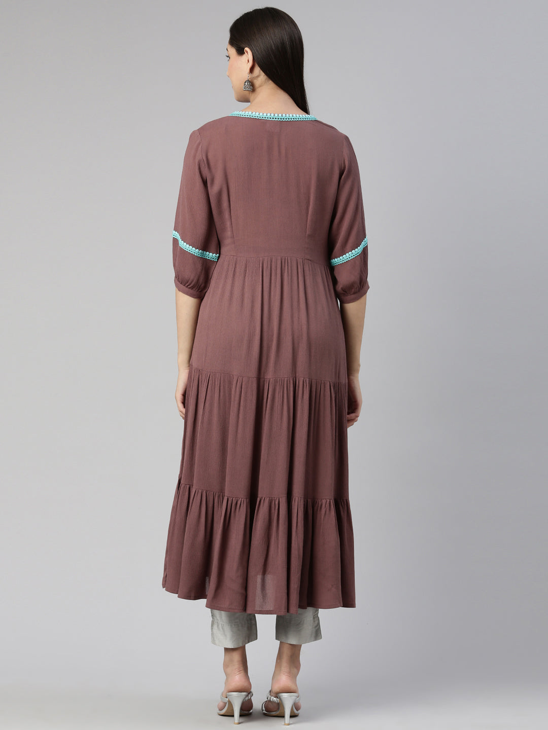 Neerus Rayon printed tiered kurti with keyhole neck - detail view 1