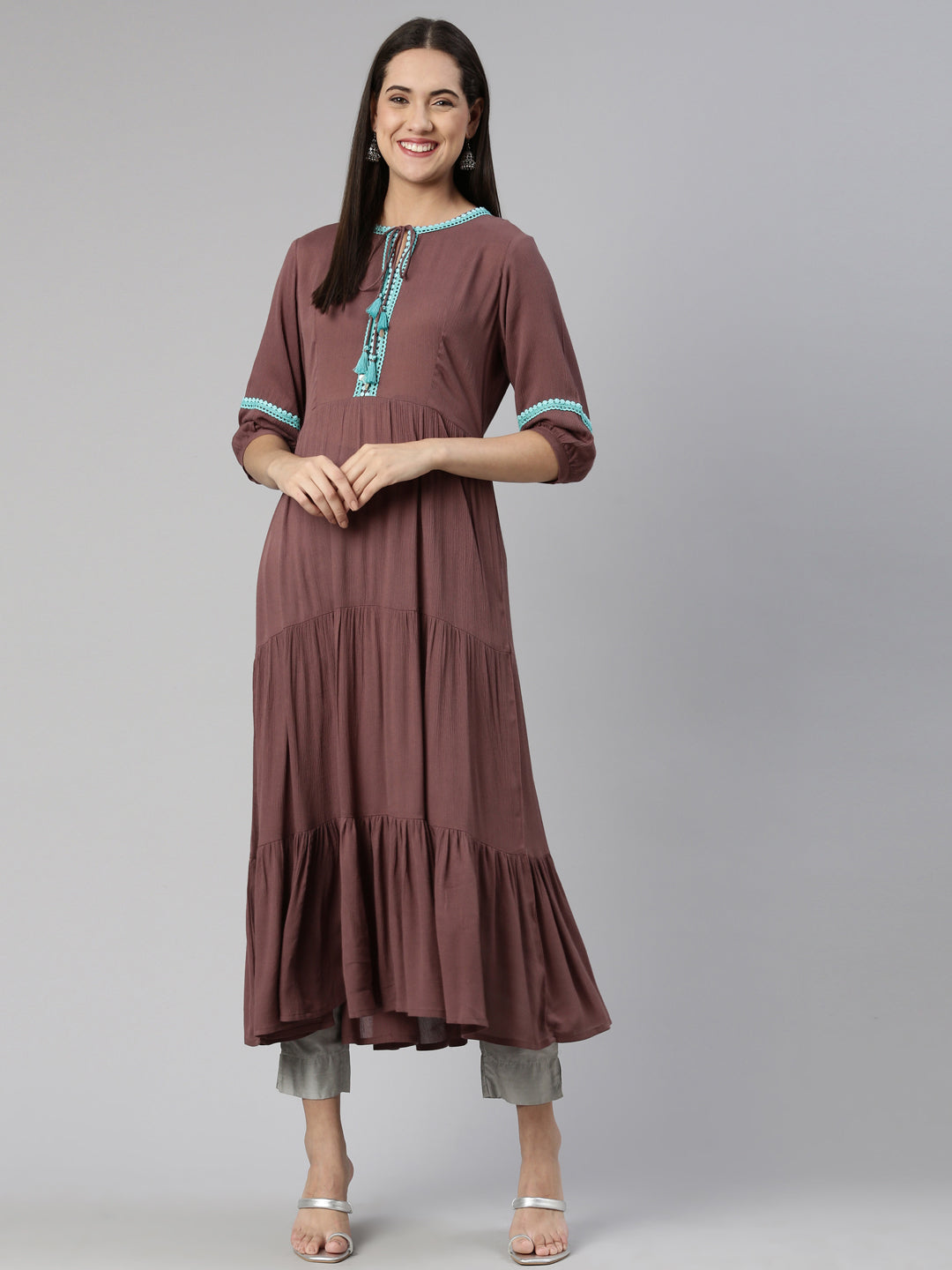 Neerus Rayon printed tiered kurti with keyhole neck - detail view 3