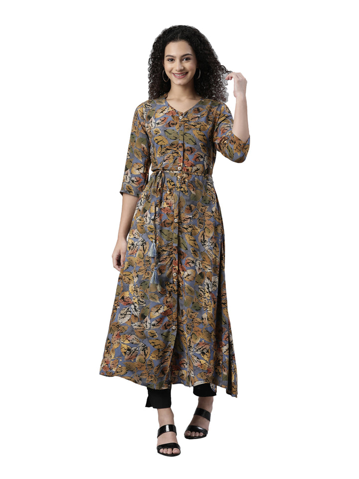 Neerus Multi floral printed A-line kurta high-low hem - front view