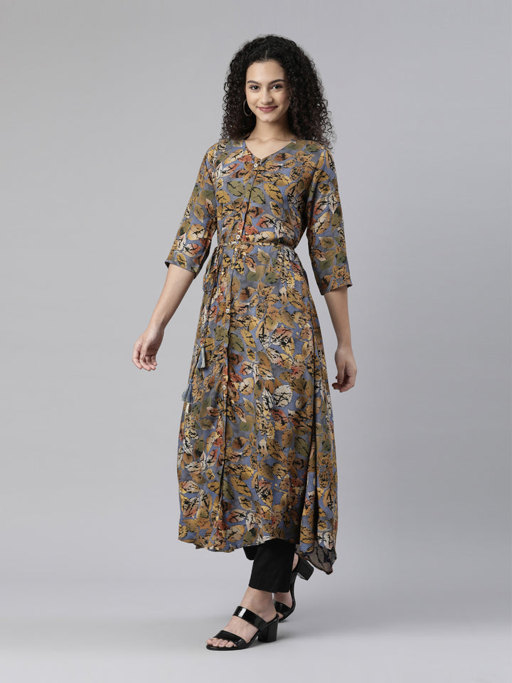 Neerus Multi floral printed A-line kurta high-low hem - back view