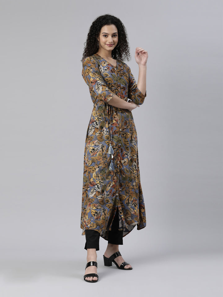 Neerus Multi floral printed A-line kurta high-low hem - side view
