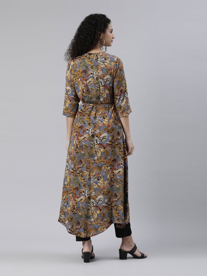 Neerus Multi floral printed A-line kurta high-low hem - detail view 1