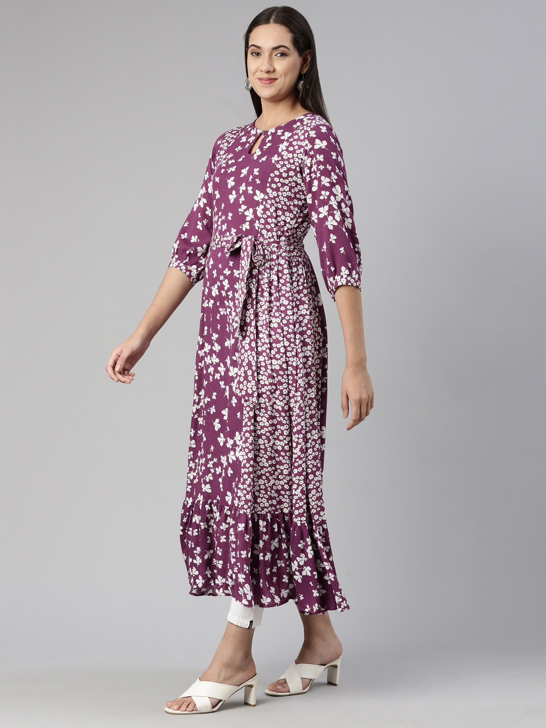 Neerus Purple Floral Keyhole Neck Chiffon Ethnic A-Line Midi Dress
