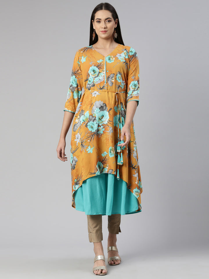 Neerus Floral Printed Layered Ethnic Midi Dress