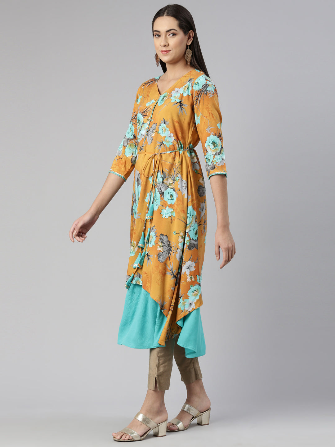 Neerus Floral Printed Layered Ethnic Midi Dress