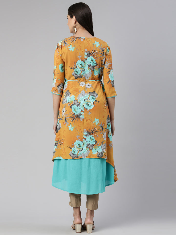 Neerus Floral Printed Layered Ethnic Midi Dress