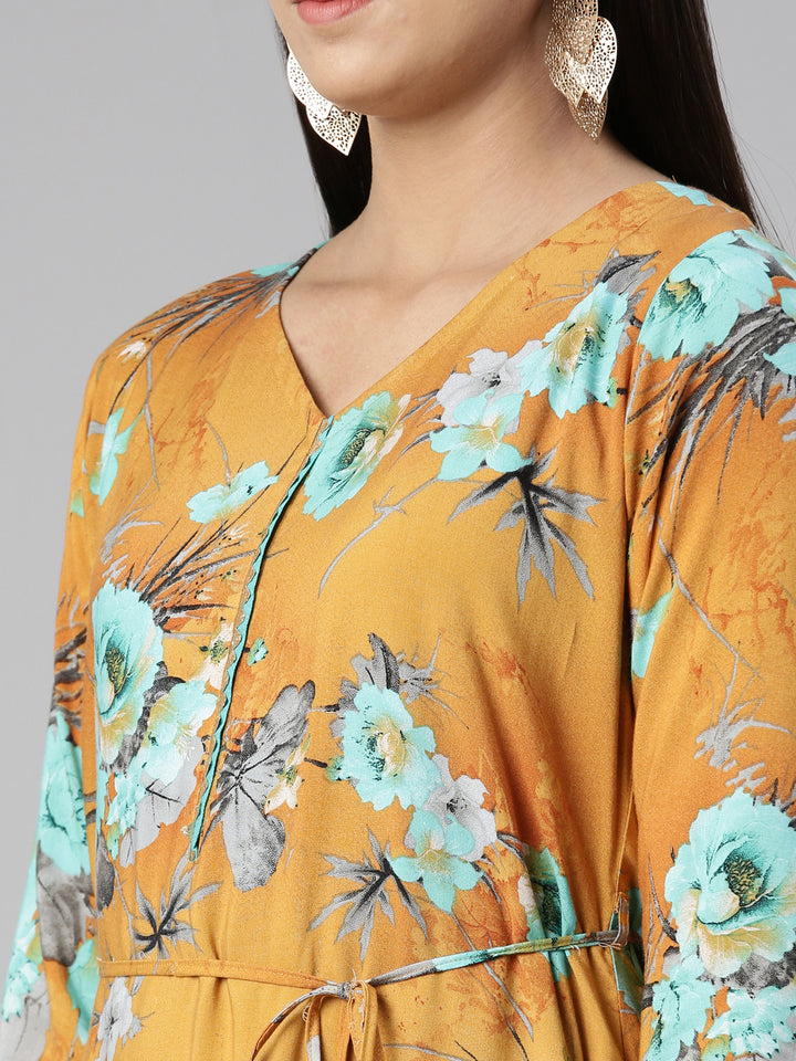 Neerus Floral Printed Layered Ethnic Midi Dress