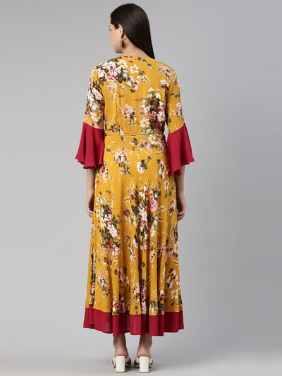 Neerus Floral Ethnic Bell Sleeves Maxi Dress