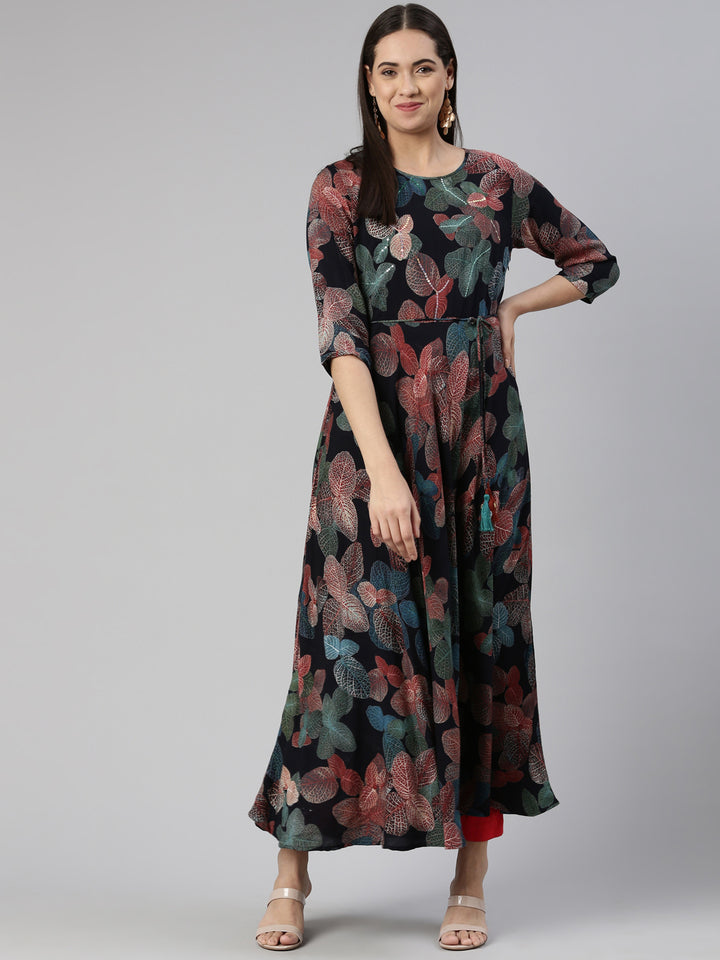 Neerus Floral Ethnic Maxi Dress