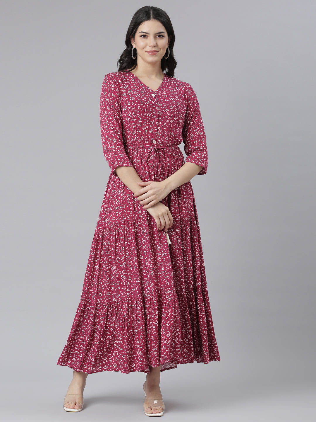 Neeru's Magenta Straight Casual Floral Dresses