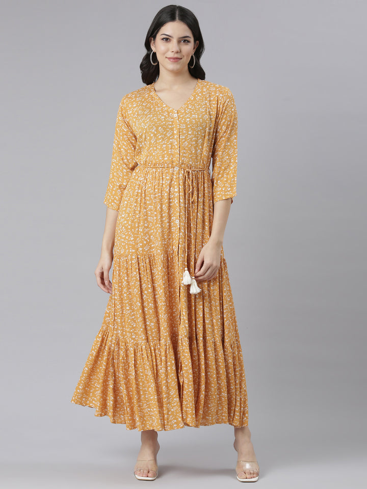 Neerus Mustard Straight Casual Floral Dresses