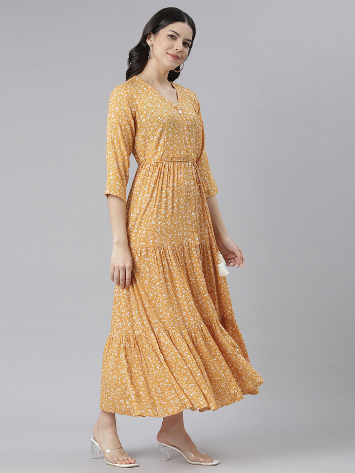 Neerus Mustard Straight Casual Floral Dresses