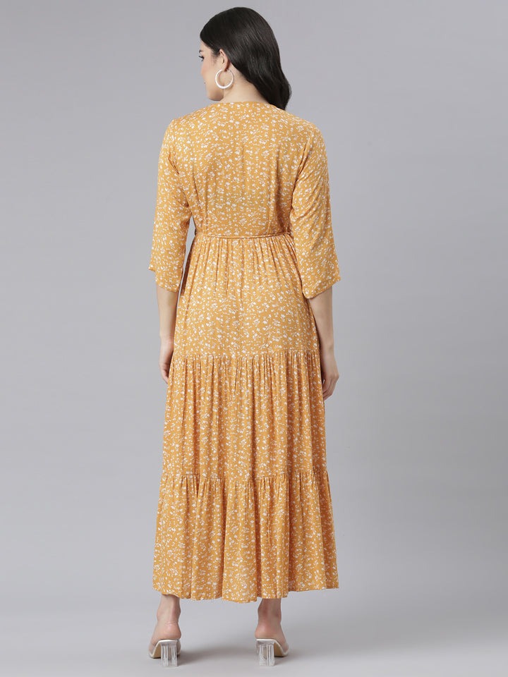 Neerus Mustard Straight Casual Floral Dresses