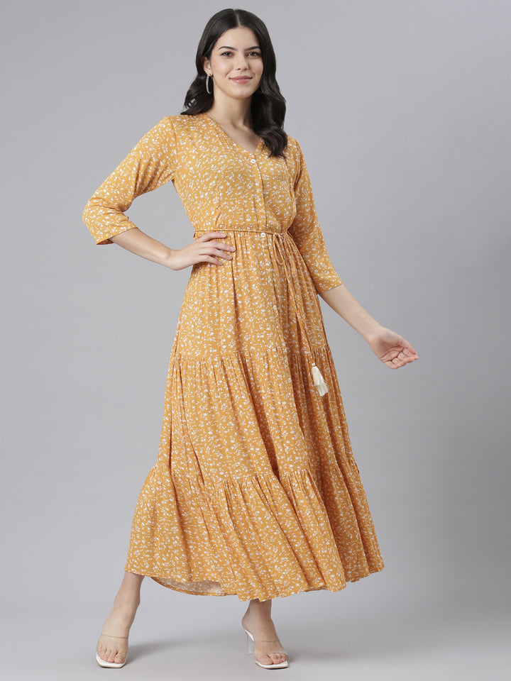 Neerus Mustard Straight Casual Floral Dresses