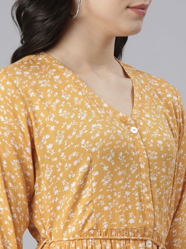 Neerus Mustard Straight Casual Floral Dresses