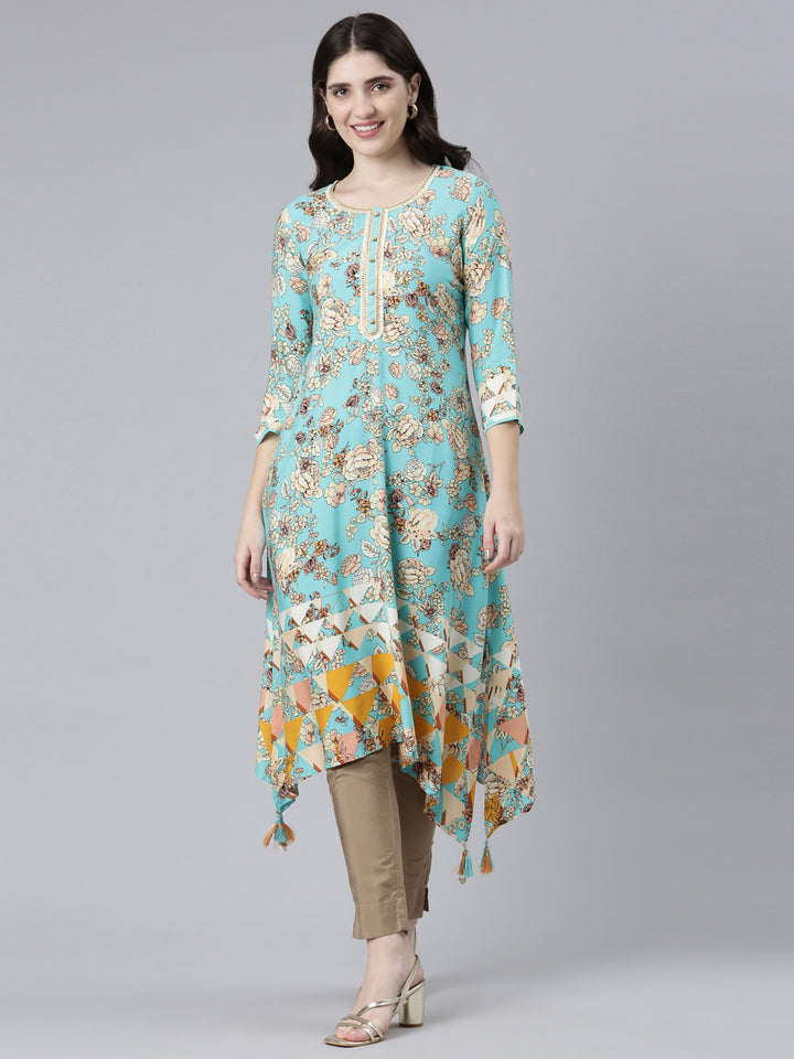 Neerus Green Rayon Printed A-Line Kurti - front view