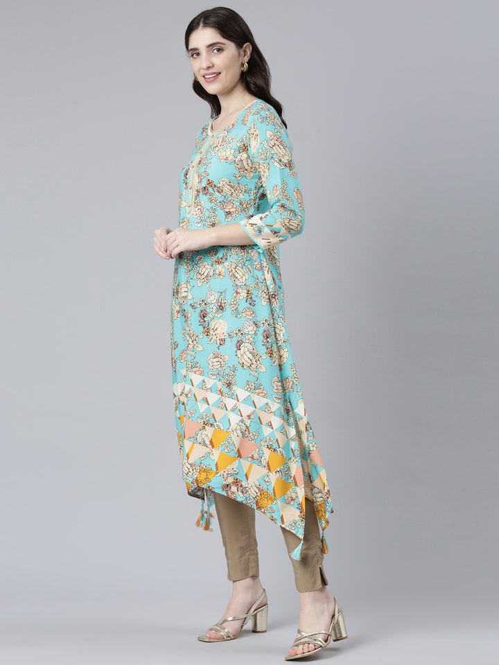 Neerus Green Rayon Printed A-Line Kurti - back view