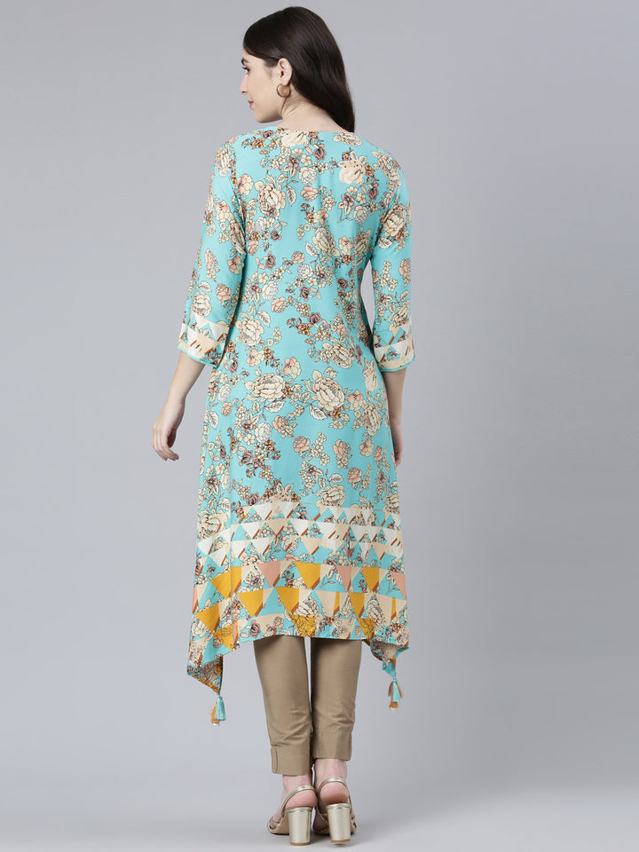 Neerus Green Rayon Printed A-Line Kurti - side view