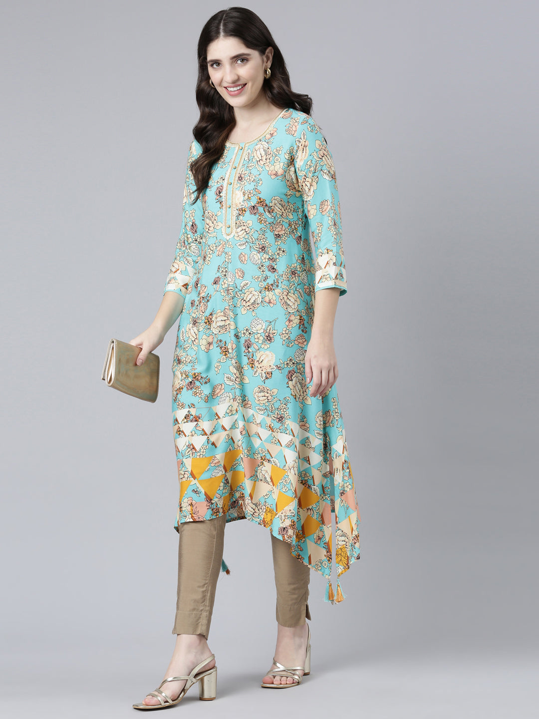 Neerus Green Rayon Printed A-Line Kurti - detail view 2