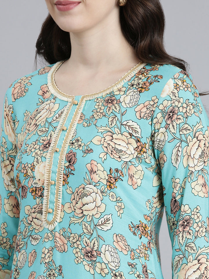 Neerus Green Rayon Printed A-Line Kurti - detail view 1