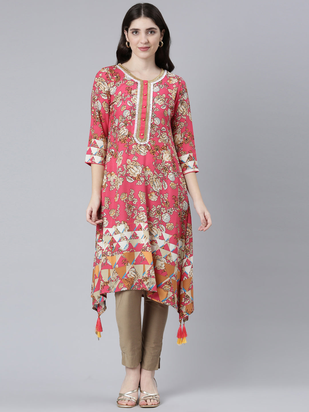 Neerus Red rayon printed A-Line kurti - front view